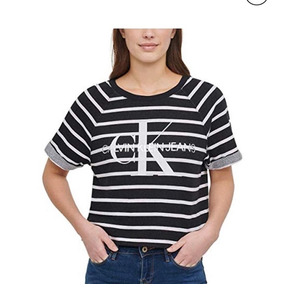 Calvin Klein Jeans Women tee shirt French Terry Logo Crop black white stripes - Picture 1 of 9